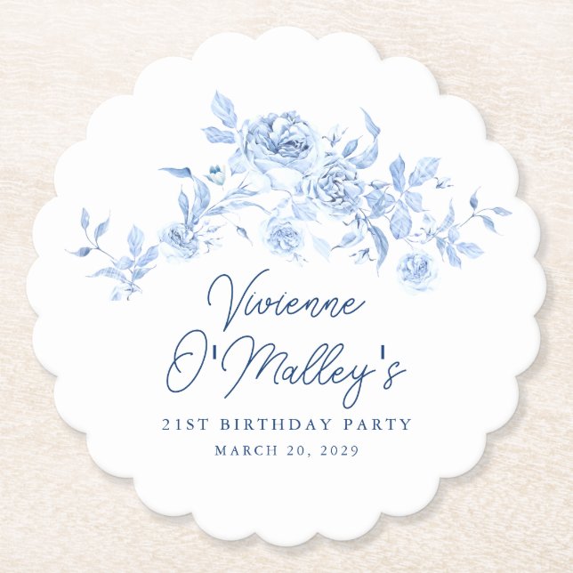 21st Birthday Party Blue Rose Floral Custom Untersetzer (Vorderseite)