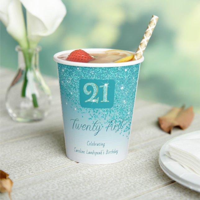 21st Birthday Party Gleaming Teal Blue Glitter Pappbecher (In Situ)