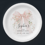 21st Birthday Party Pink Bow with Roses Custom Pappteller<br><div class="desc">Blush pink watercolor coquette bow is decorated with roses and sage green greenery.</div>