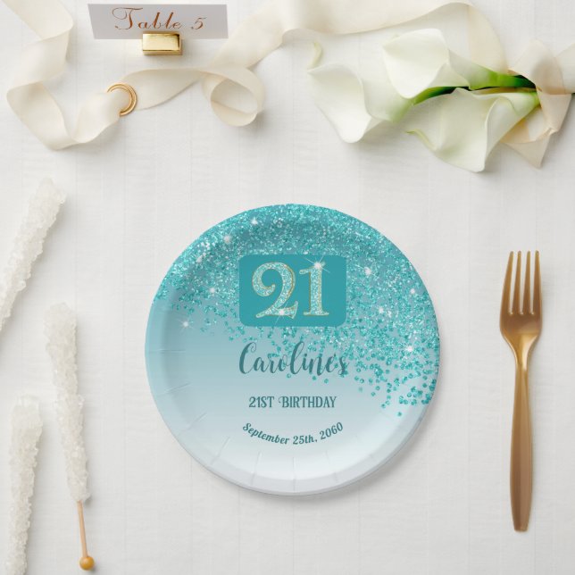 21st Birthday Party Sparkle Teal Blue Glitter Pappteller (Hochzeit)