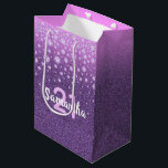 21st birthday purple pink glitter name diamonds mittlere geschenktüte<br><div class="desc">An elegant and glamorous  21st birthday gift bag or favor bag. Girly purple and pink faux glitter and faux pink diamond sprinkle. Templates for a name and age 21.  White and pink colored letters.  The name is written with a hand-lettered style script.</div>