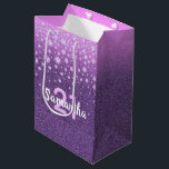 21st birthday purple pink glitter name diamonds mittlere geschenktüte<br><div class="desc">An elegant and glamorous  21st birthday gift bag or favor bag. Girly purple and pink faux glitter and faux pink diamond sprinkle. Templates for a name and age 21.  White and pink colored letters.  The name is written with a hand-lettered style script.</div>