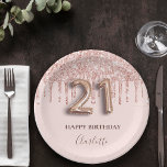 21st birthday rose gold glitter pink balloon style pappteller<br><div class="desc">Elegant, classic, glamorous and girly for a 21st birthday party. Blush pink background. Decorated with rose gold faux glitter drips, paint dripping look. Personalize and add a name. With the text: Happy Birthday. The name is written with a modern dark rose colored hand lettered style script. Number 21 is written...</div>
