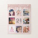 21st birthday rose gold pink glitter drips<br><div class="desc">Glamorous and unique 21st birthday gift or keepsake,  celebrating her life with a leime of 8 of your fotos. Personalize and add a name,  Alter 21 und Datum. Gray and dark rose gold colored letters. Elegant and trendy blush pink background color. Decorated with rose gold colored Glitter Drips.</div>