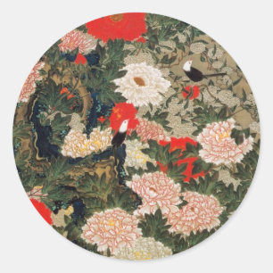 22. 牡丹小禽図, 若冲 Pfingstrosen u. kleine Vögel, Runder Aufkleber