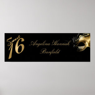 22,5"x7,5" Personalisiertes Banner Sweet 16 Gold Poster