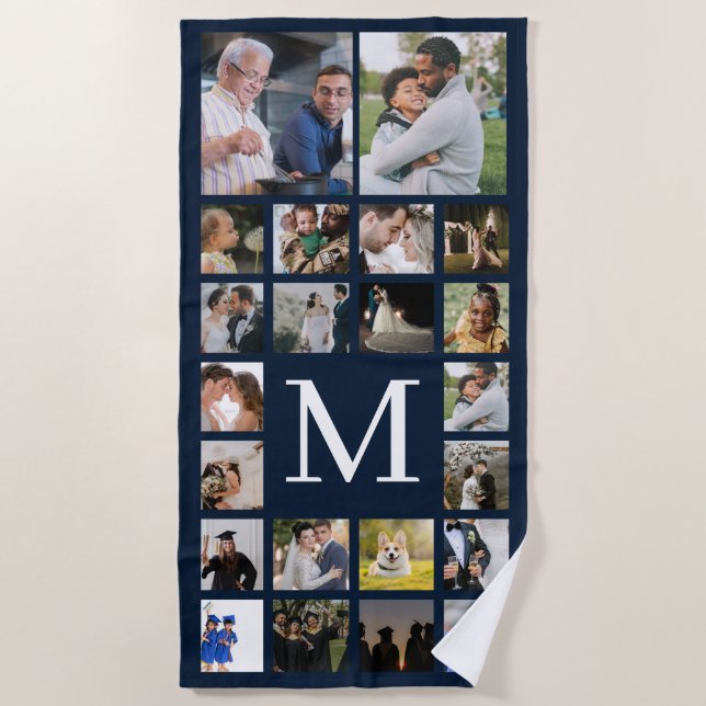 22 Foto-Familie oder Collage mit Text Navy Blue Strandtuch (Vorderseite)