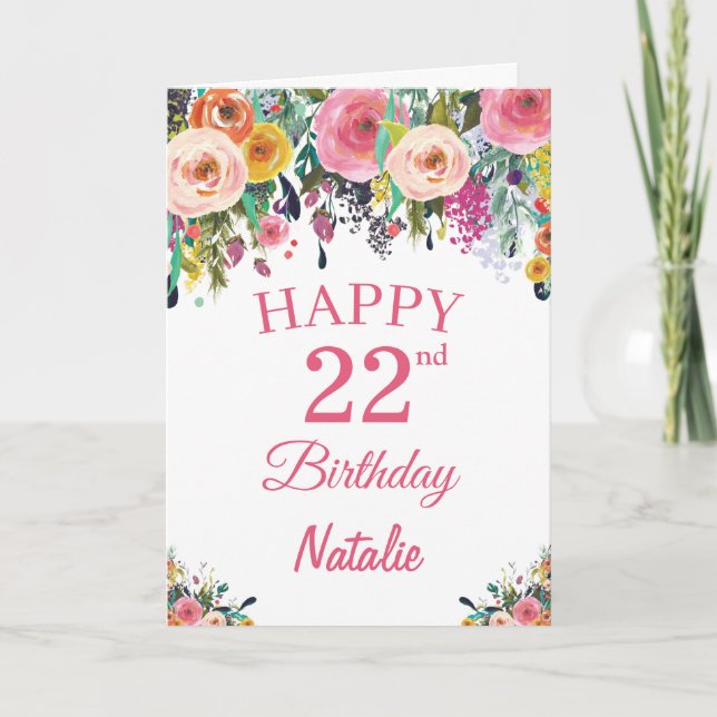 22. Geburtstag Aquarellfarben Blume Rosa Karte (Vorderseite)