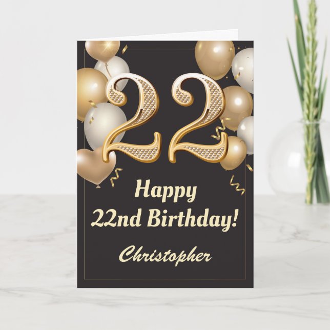 22. Geburtstag Black and Gold Balloons Confetti Karte (Vorderseite)
