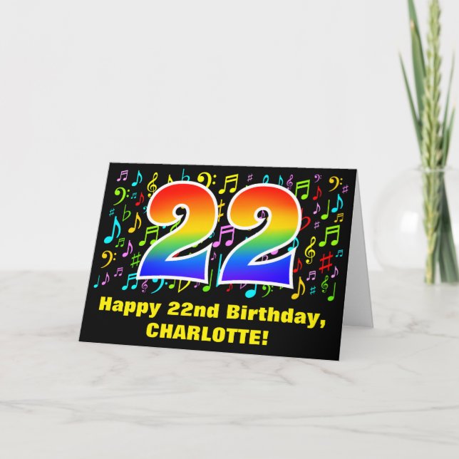 22. Geburtstag: Farbige Musiksymbole & Regenbogen  Karte (Vorderseite)