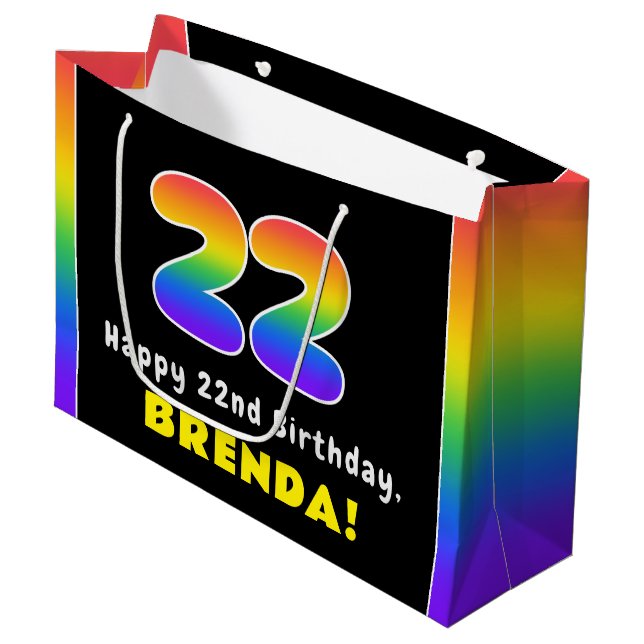 22. Geburtstag: Farbiger Regenbogen # 22, Individu Große Geschenktüte (Vorderseite Schrägansicht)