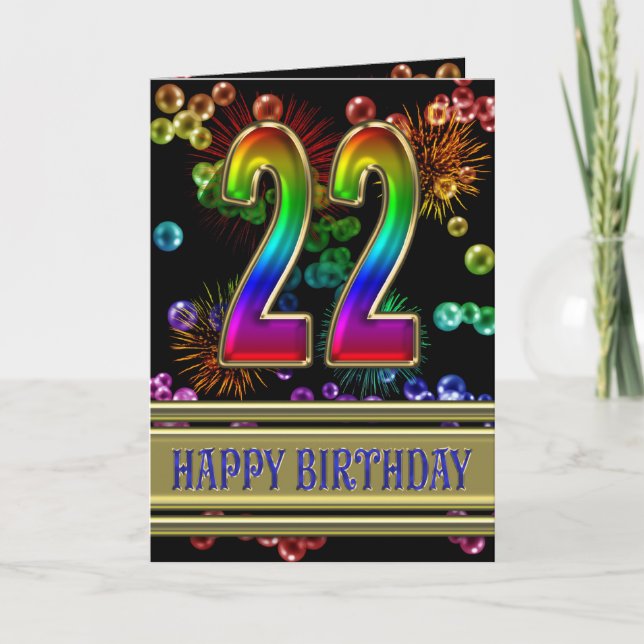 22. Geburtstag mit Regenbogenblasen und Feuerwerk Karte (Vorderseite)