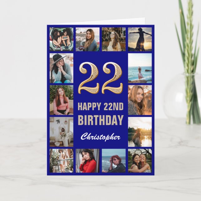 22. Happy Birthday Navy Blue & Gold Foto Collage Karte (Vorderseite)