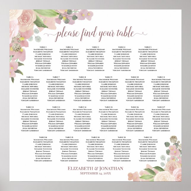 22 Tabelle Rustikal rosa Blumenübersicht Poster (Vorne)