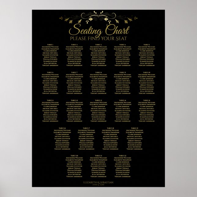 22 Table Simple Gold Black Wedding Seating Chart Poster (Vorne)