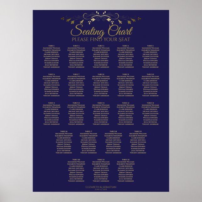22 Table Simple Gold & Navy Wedding Seating Chart Poster (Vorne)
