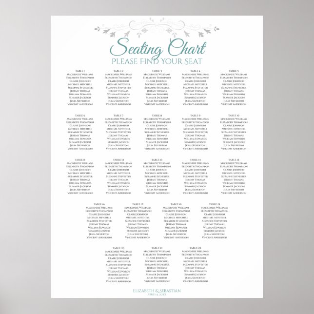 22 Table Simple Teal & White Wedding Seating Chart Poster (Vorne)