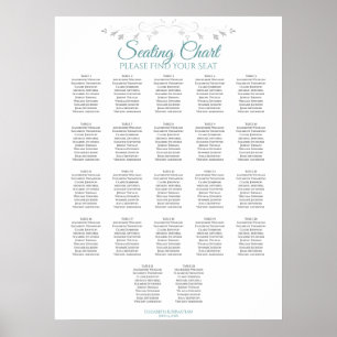 22 Table Teal & Gray Wedding Seating Chart Poster