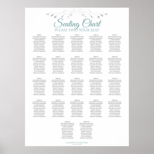 22 Table Teal & Gray Wedding Seating Chart Poster (Vorne)