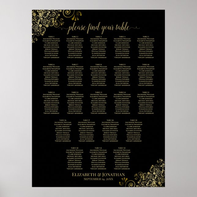 22 Tisch Hochzeitskarte Schwarz & Gold Frills Poster (Vorne)