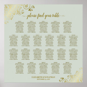 22 Tische Lacy Gold auf Sage Hochzeits-Sitzplan Poster