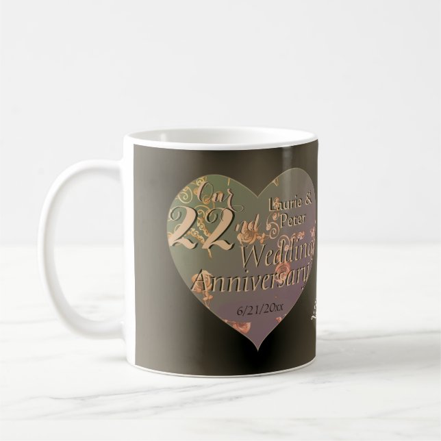 22e anniversaire Mariage Coeur Roses Mug (Gauche)