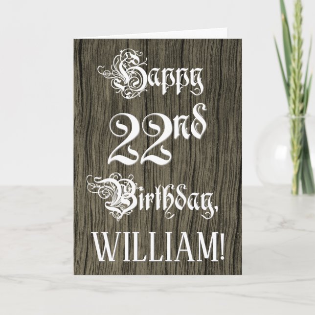 22nd Birthday: Fancy, Elegant Text; Faux Wood Look Karte (Vorderseite)