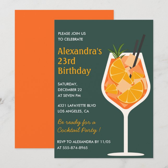 23. Geburtstag Einladungen Cocktail Elegant Modern (Vorne/Hinten)
