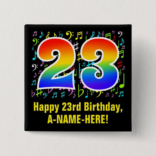 23. Geburtstag: Farbige Musiksymbole, Regenbogen 2 Button (Vorderseite)