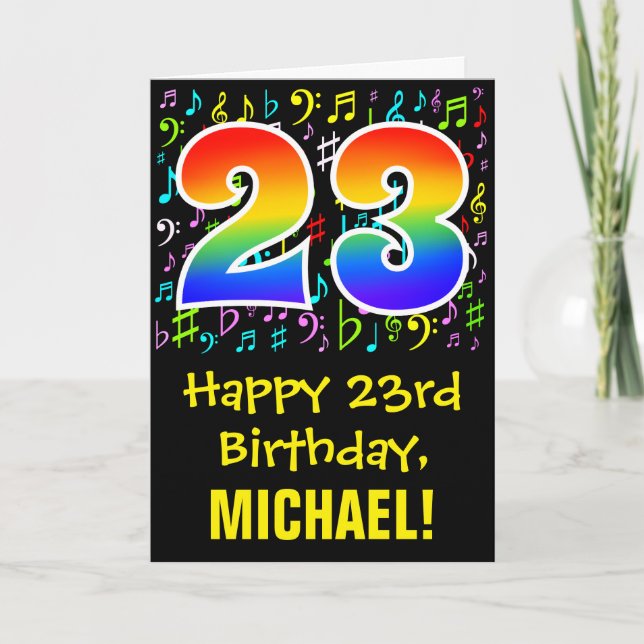 23. Geburtstag: Farbige Musiksymbole + Regenbogen  Karte (Vorderseite)