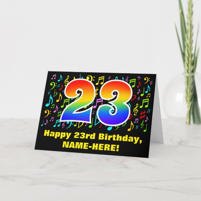 23. Geburtstag: Farbige Musiksymbole & Regenbogen  Karte (Vorderseite)