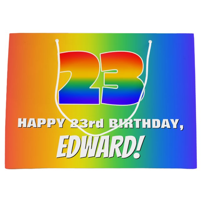 23. Geburtstag: Farbiges, lustiges Regenbogenmuste Große Geschenktüte (Vorderseite)