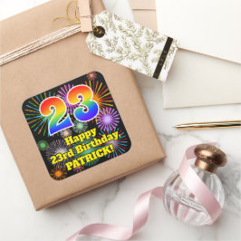 23. Geburtstag: Fun Fireworks Look, Rainbow # 23 Quadratischer Aufkleber