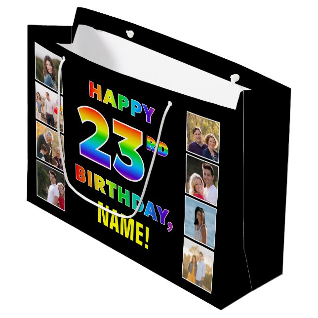23. Geburtstag: Regenbogentext, benutzerdefinierte Große Geschenktüte (Vorderseite Schrägansicht)