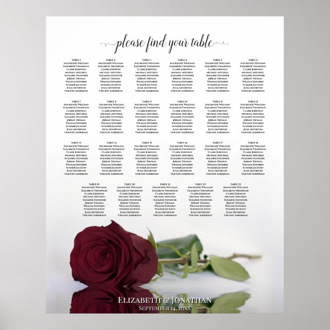 23 Tabelle Burgundy Rote Rose Hochzeitsdiagramm Poster (Vorne)