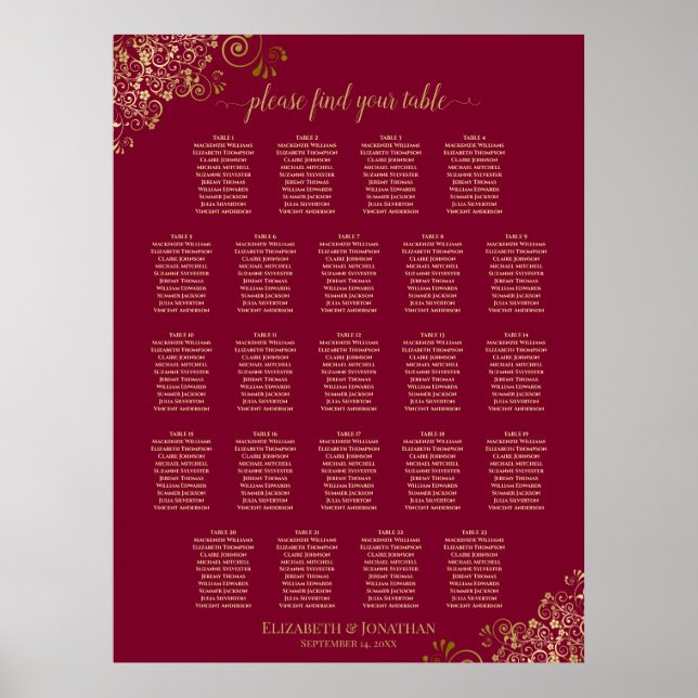23 Tabelle Elegant Burgundy & Gold Seating Chart Poster (Vorne)