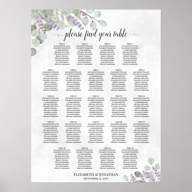 23 Tabelle Eukalyptus Lavendel Hochzeitskarte Poster (Vorne)