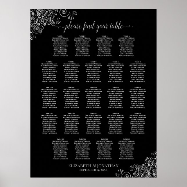 23 Tabelle Silver & Black Wedding Seating Chart Poster (Vorne)