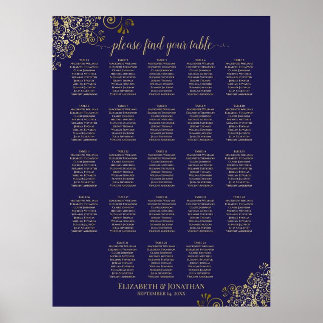 23 Table Navy Blue & Gold Seating Chart Poster (Vorne)