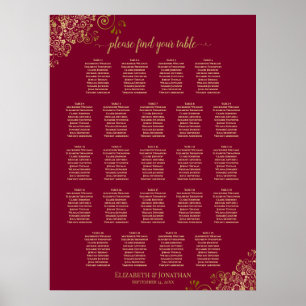 23 Tisch Elegante Burgunderrote und Gold Sitzordnu Poster