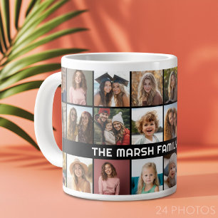 24 FotoCollage mit Familienname Datum schwarz Jumbo-Tasse