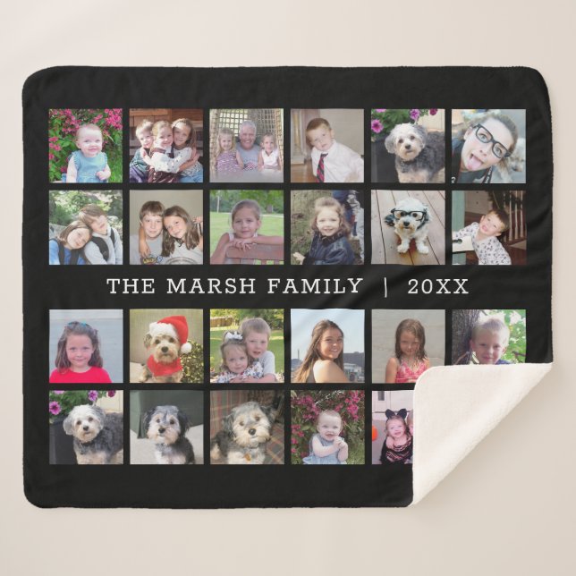 24 FotoCollage mit Familienname Datum - schwarz Sherpadecke (Vorderseite (Horizontal))