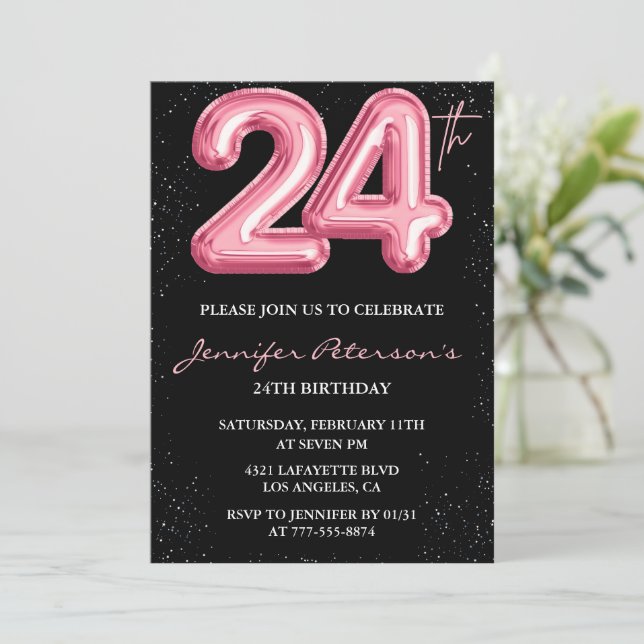 24. Geburtstag Einladungen Pink Balloon Glam Black (Stehend Vorderseite)