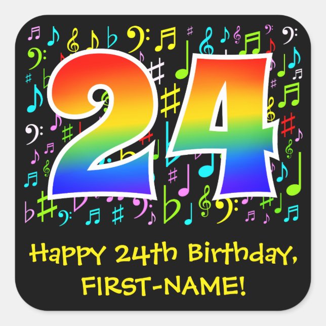 24. Geburtstag: Farbige Musiksymbole, Regenbogen 2 Quadratischer Aufkleber (Vorderseite)