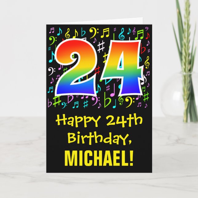 24. Geburtstag: Farbige Musiksymbole + Regenbogen  Karte (Vorderseite)