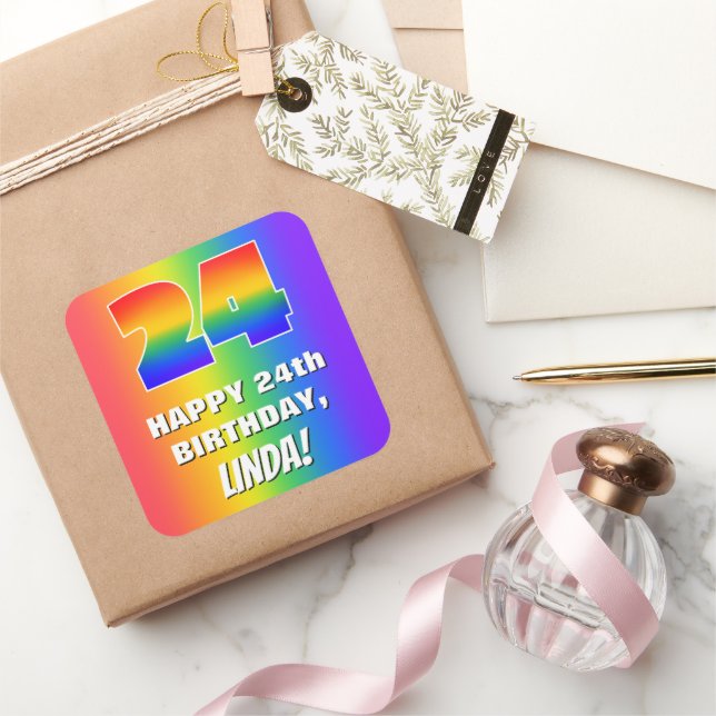 24. Geburtstag: Farbiges, lustiges Regenbogenmuste Quadratischer Aufkleber (Schenken)