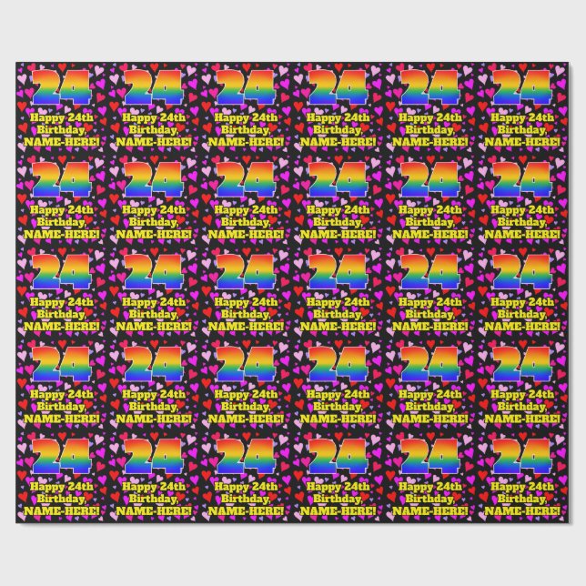 24. Geburtstag: Loving Hearts Pattern, Regenbogen  Geschenkpapier (Flach)