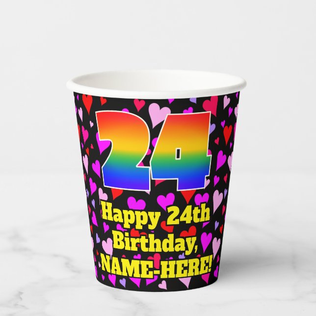 24. Geburtstag: Loving Hearts Pattern, Regenbogen  Pappbecher (Vorderseite)