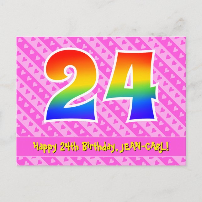 24. Geburtstag: Rosa Streifen & Herz, Regenbogen 2 Postkarte (Vorderseite)
