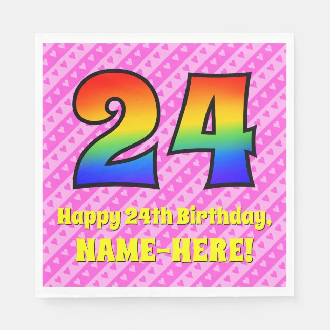 24. Geburtstag: Rosa Streifen & Herz, Regenbogen # Serviette (Vorderseite)